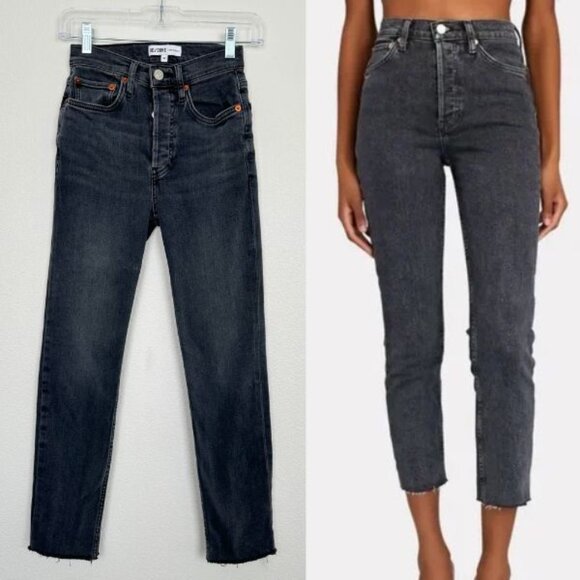 Re/Done Women's High Rise Ankle Crop in Dusty Char Button Fly Black Size 24 - Picture 1 of 8